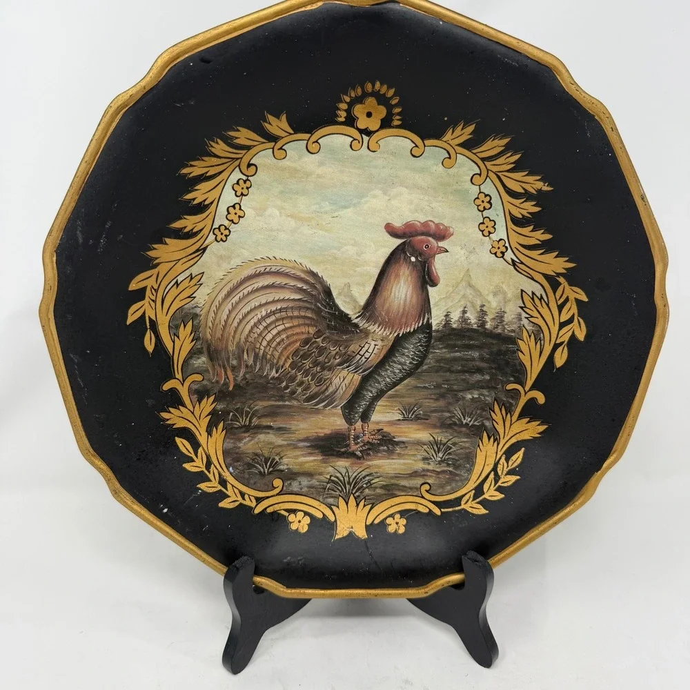 Vintage Hand Painted Rooster Toleware Decorative Plate Black Gold Scalloped 12